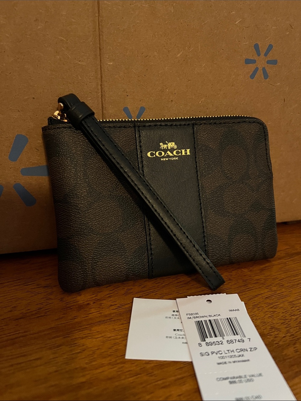 Coach Brown and Black Signature Wristlet with Gold Logo